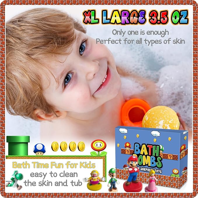 Bath Bombs for Kids: Mario Bath Bombs with Surprise Inside, Easter Bath Rich in Natural Essential Oils, Kids BathBombs Gift Set for Dry Skin Moisturize, Gifts for Toddlers (8 Pcs)