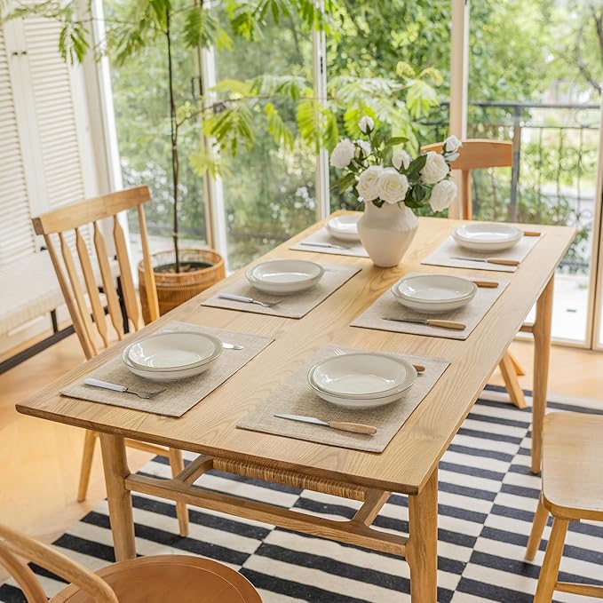 Demetex Linen Textured Placemats Set of 8 Farmhouse Table Place Mats Wipeable Heat Resistsnt Placemat for Dining Room Kitchen Restaurant, 13x19 inch, Burlap