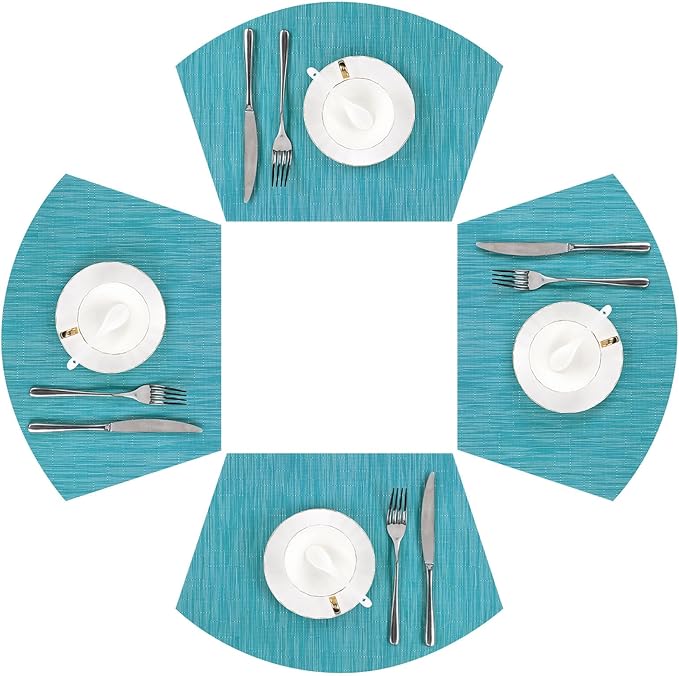 SHACOS Round Table Shape Placemats Set of 4 Wedge Placemats Heat Resistant Woven Vinyl PVC Table Mats Indoor Outdoor Wipe Clean (4, Teal Blue)