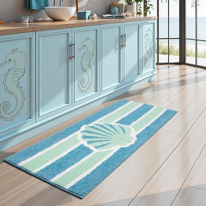 Blue Beach Long Bathroom Rugs Runner Non Slip Washable Cute Coastal Bath Mats Rugs for Bathroom Floor Nautical Fluffy Plush Soft Absorbent Farmhouse Carpet for Shower, Tub, 20x47 inch
