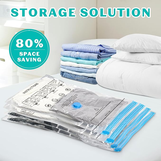 15 Pack Vacuum Storage Bags 80% Space Saver Vacuum Seal Bags for Clothing Compression for Comforters Blankets Travel Luggage Clothes with Hand Pump(3 Jumbo/3 Large/3 Medium/3 Small/3 Roll)