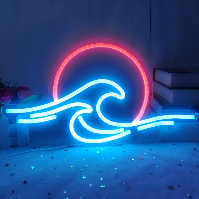 Sunrise Sunset Neon Sign Dimmable Wave Tropical Sunrise Ocean Neon Sign Surf Room Decor for Living Room Bedroom Office Bar Birthday Party Christmas (Ice blue,Red)