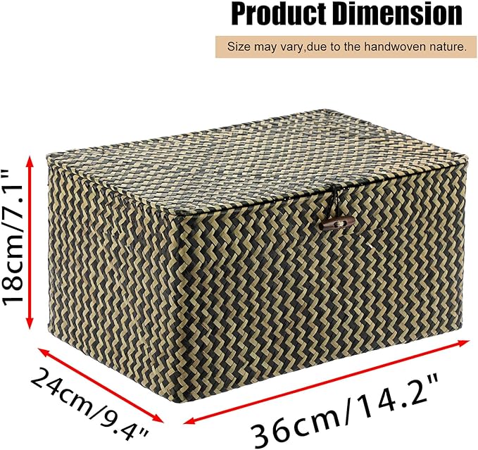 Hipiwe Wicker Shelf Baskets Bin with Lid, Handwoven Seagrass Basket Storage Bins Rectangular Household Basket Boxes for Shelf Wardrobe Home Organizer,Black,Large