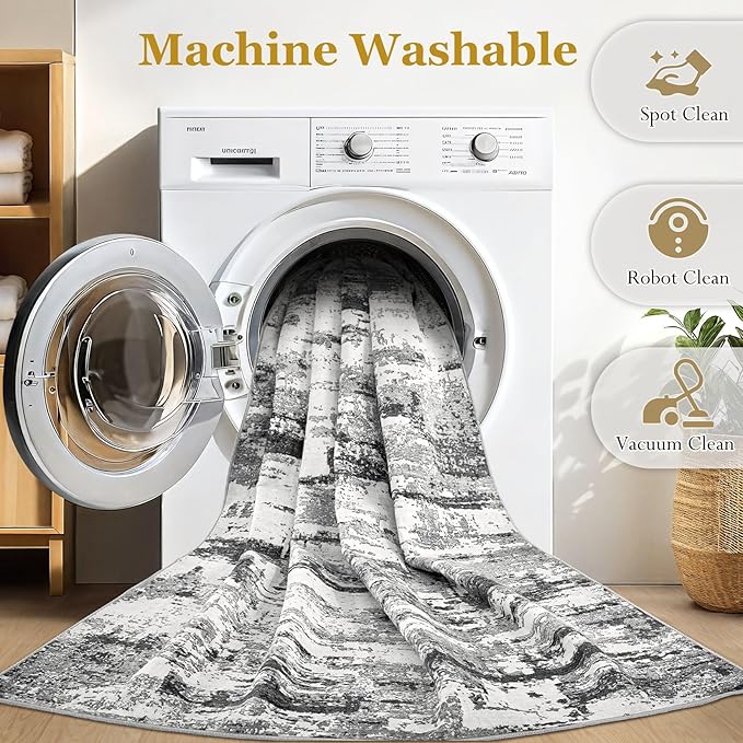 Area Rugs for Living Room: 9x12 Abstract Washable Rug Modern Neutral Large Soft Stain Resistant Non-Slip Backing Machine Table for Bedroom Dining Room Indoor Home Office Carpet - Black Grey