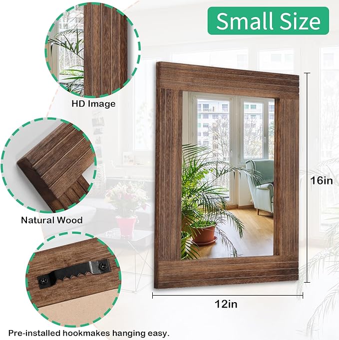 Wood Mirror Rectangular Framed Rustic Vintage Mirrors Decor Farmhouse Bedroom Bathroom Mirror for Dressing Table Entrance Small 16"x12" Brown