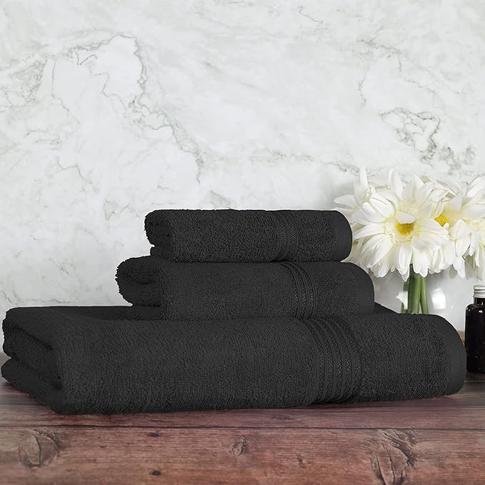 Superior Egyptian Cotton 3-Piece Towel Set, Basic Towels For Bathroom, Home Decor, Guest Bath, Shower, Apartment, Included 1 Face, 1 Hand, 1 Bath Towel, Washcloth, Quick Dry, Black