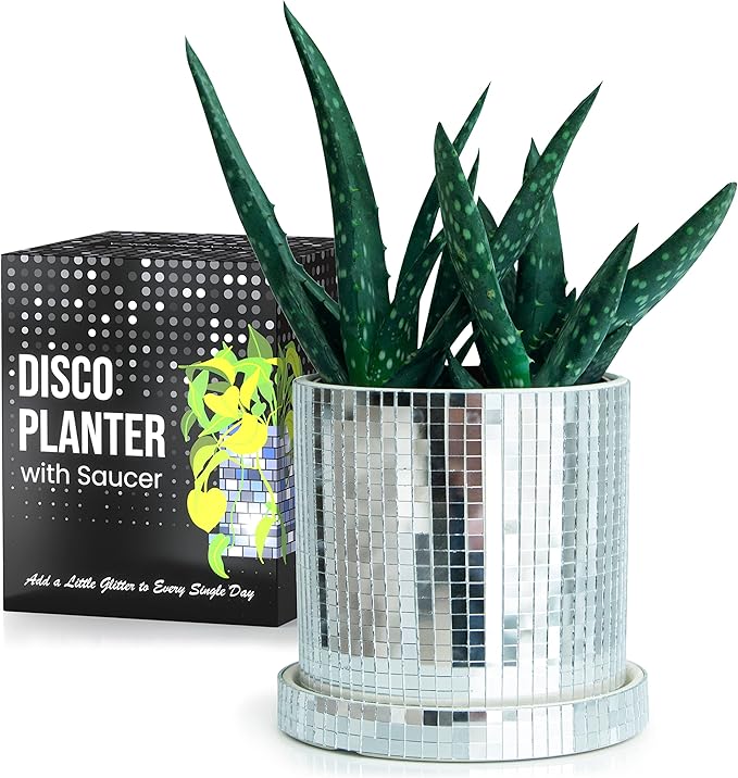 SCANDINORDICA Disco Ball Planter Pot - 4.3 inch Mirror Disco Ball Vase, Disco Planter, Ceramic Planter Pots Indoor with Drainage Hole and Saucer, Cute Desk Decor for Women | 0.2" Mirror Tiles