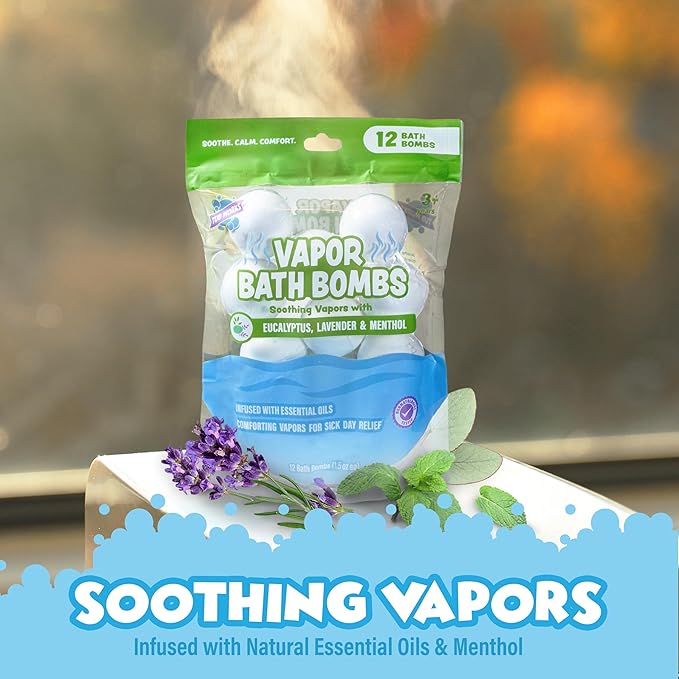 Tub Works® Vapor Bath Bombs for Toddlers & Kids, 12 Pack | Natural Essential Oils for Aromatherapy | Calming Eucalyptus Bath Bomb with Lavender & Menthol for Cold, Flu & Congestion Relief