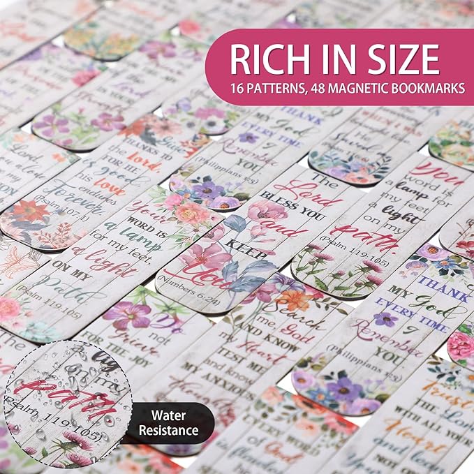Zonon 48 Pcs Bible Verse Magnetic Bookmarks, Inspirational Scripture Christian Book Markers Religious Motivational Encouragement Flower Page Clips Presents for School Supplies(Floral Style)