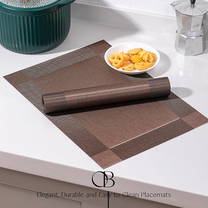 Placemats Set of 6 - Easy Clean Woven Vinyl Placemats for Dining Table, Indoor/Outdoor Place Mats, Washable PVC Table Mats(Brown Cube)