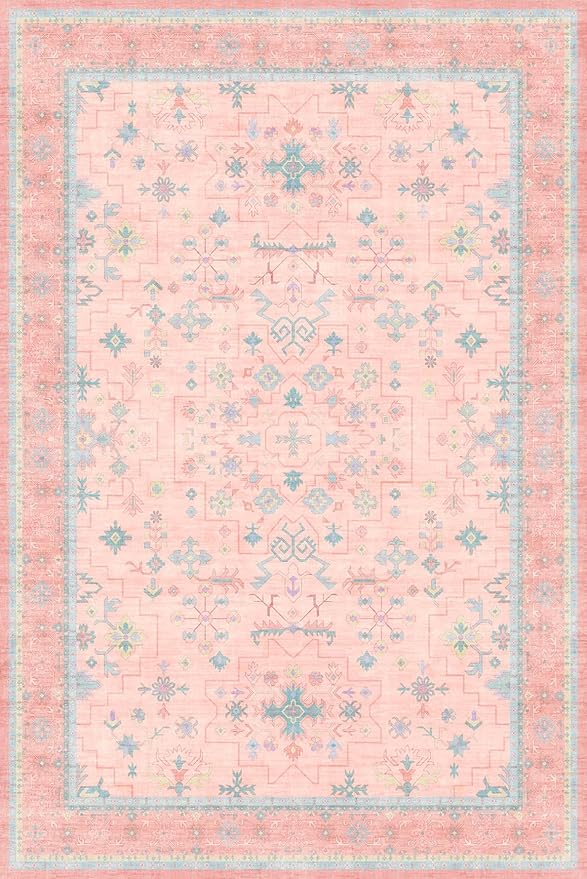 Washable Pink and Blue 6x9 Oushak Rugs for Bedroom Girls, Living Room Kids Playroom Nursery Room, Modern Floral Distressed Design, Soft Faux Wool Low Pile Non Slip Stain Resistance Carpet