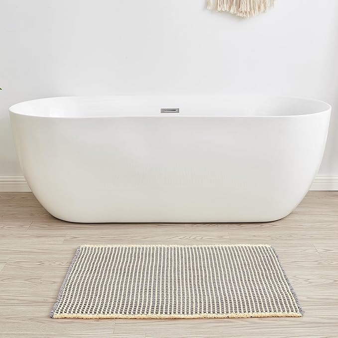 Douceur Waffle Bath mat for Bathroom Floor Non Slip, Super Soft Acrylic Blend Bath Rugs with Tassels, Quick Dry Bathroom Rugs Machine Washable, 20" x 32", Grey&Yellow