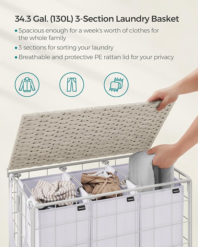 SONGMICS Laundry Hamper, 130L Laundry Basket with Lid, Clothes Hamper with Wheels, Collapsible Removable Liner Bag, Iron-Made Laundry Sorter, Cloud White ULCB313W01
