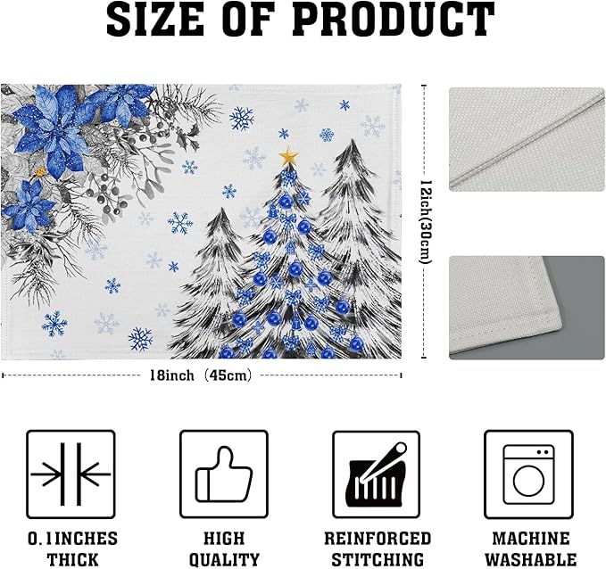Giwawa Christmas Placemats Set of 4 Blue Grey Xmas Trees Balls Linen Place Mat 12"x18" Winter Poinsettia Floral Snowflakes Stain Resistant Table Mats for Kitchen Dining Holiday Party Decor