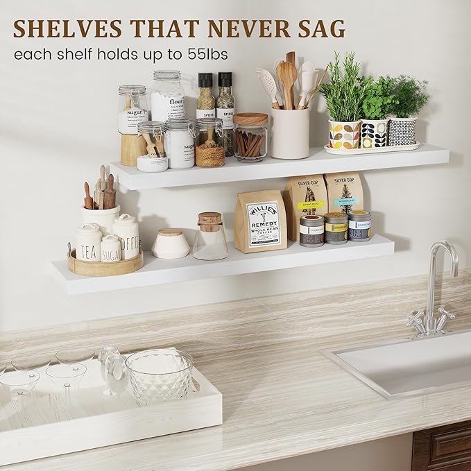 Marsmiles Wood Floating Shelves for Wall Storage, 36 inch Wide Set of 2, Invisible Wall Mounted Rustic Wooden Display Shelves for Living Room Bathroom Bedroom Kitchen Office,White
