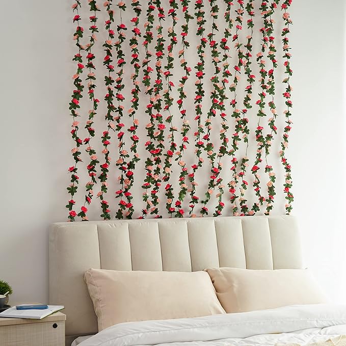 BLEUM CADE 2Pcs 16.4Ft Flower Garland Artificial Rose Vines for Bedroom, Cute Fake Hanging Flower Vines Floral Garland Decorations for Wedding Party Wall Room Decor Aesthetic