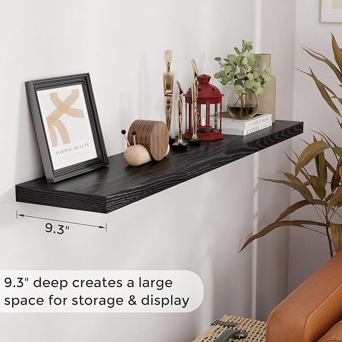55 Inch Black Floating Shelves, 9.3 Inch Deep Wall Mounted Floating Shelf, 55 x 9.3 Large Storage Wall Shelf for Living Room, Floating TV Stand, Farmhouse Rustic 55" Long Fireplace Mantel