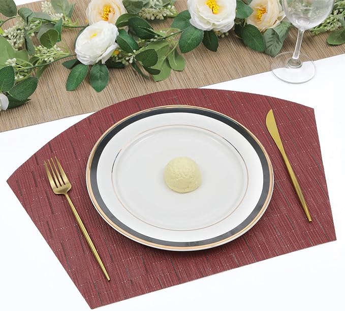 SHACOS Large Size Wedge Placemats with Centerpiece Round Mat Set of 5 Round Table Place Mats Washable Dining Table Placemats Reversible Durable, Burgundy