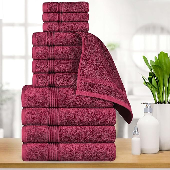 Superior Egyptian Cotton 12-Piece Towel Set, Assorted Towels for Home Bathroom, Guest Bath Decor Essentials, Includes 4 Bath, 4 Hand, 4 Face Towels/Washcloths, Quick Dry, Absorbent - Burgundy