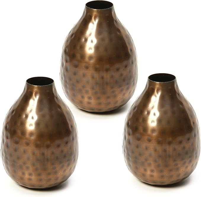 Hosley Set of 3 Metal Bud Vases - Your Choice of Colors. 4.5 Inch High. Ideal Accent Piece for Coffee and Side Tables as Well as Dried Floral Arrangements (3-Antique Bronze Finish)