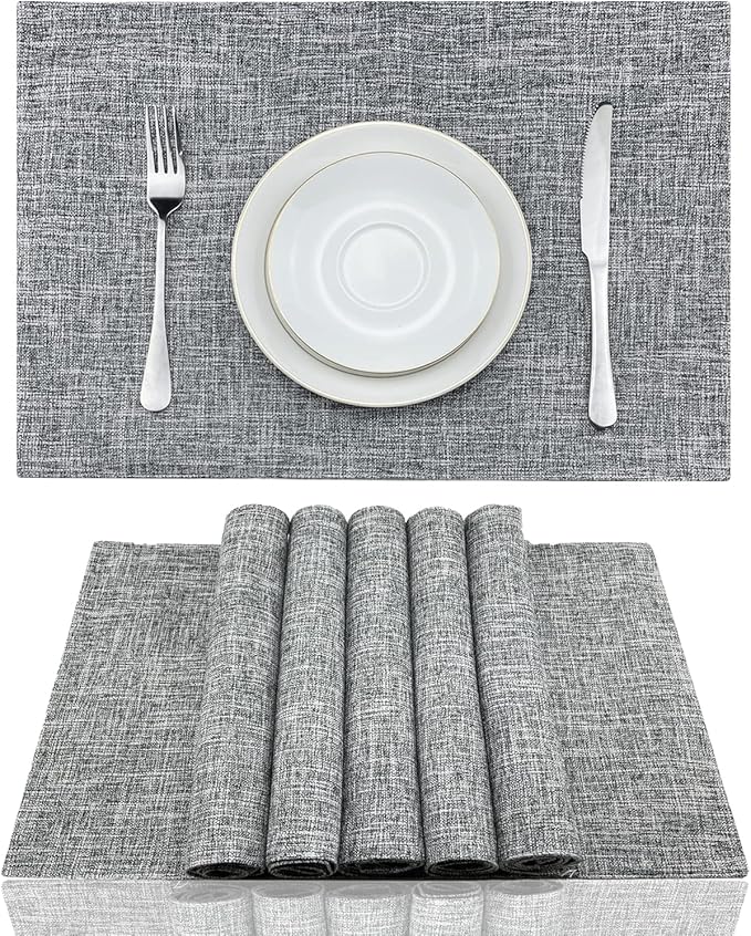 Weabetfu Cloth Placemats Set of 6 Heat Resistant Dining Table Placemmats Cotton Linen Machine Washable Kitchen Table Mats Wrinkle Free Thick Fabric Place Mat,Easy to Clean,13"x19",Mottled Grey w/Brown