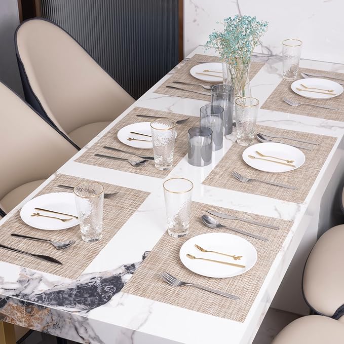 Winknowl Placemats Set of 6 Woven Vinyl Insulation Indoor Place mats for Dining Table, Washable Durable PVC Table Mats (Caramel)