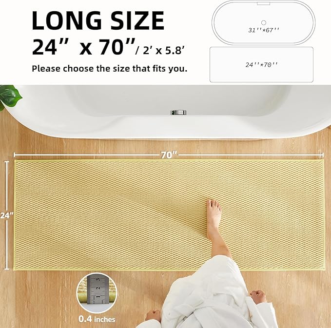 Non Slip Washable Bath Mat, Super Absorbent Chenille, Low Pile - Yellow, 24"x70'