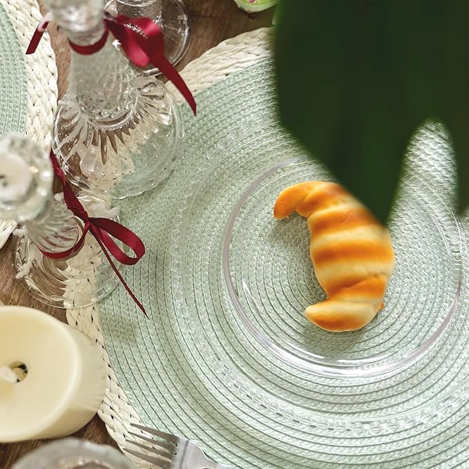 Noctiflorous Round Braided Placemats Set of 8 Table Mats 15 Inches Washable Heat Resistant for Dining Table Non-Slip Indoor Outdoor Place Mats for Easter(02 White Edge Green 8)