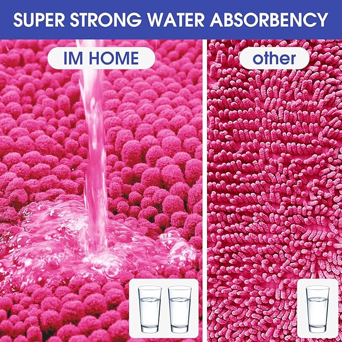 ACCUMTEK Striped Hot Pink Bathroom Rug Set 3 Pieces Ultra Soft, Non Slip Chenille Toilet Mat, Absorbent Plush Shaggy Bath Mats for Bathroom, Bedroom, Kitchen, Peach