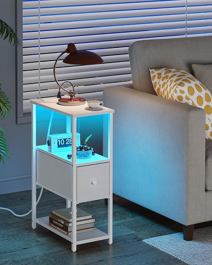 TUTOTAK Small Narrow LED End Table with Charging Station, Side Table Outlets, Nightstand with Cloth Drawer, Set of 2, Couch Table, for Living Room, Bedroom, Bedside, White TB01BW059