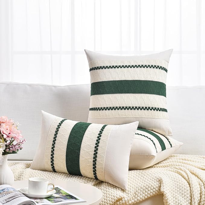 Fancy Homi Set of 2 Dark Green Boho Decorative Throw Pillow Covers 18x18 Inch for Couch Bed Sofa Bedroom Indoors, Modern Farmhouse Vintage Forest Green Living Room Decor