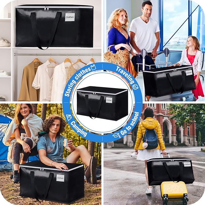 BlissTotes Moving Bags, Heavy Duty Moving Boxes with Zippers Top and Sturdy Handles, Storage Bags for Space Saving and Packing, Collapsible Moving Supplies, Storage Totes (93L, 2-Pack, Black)