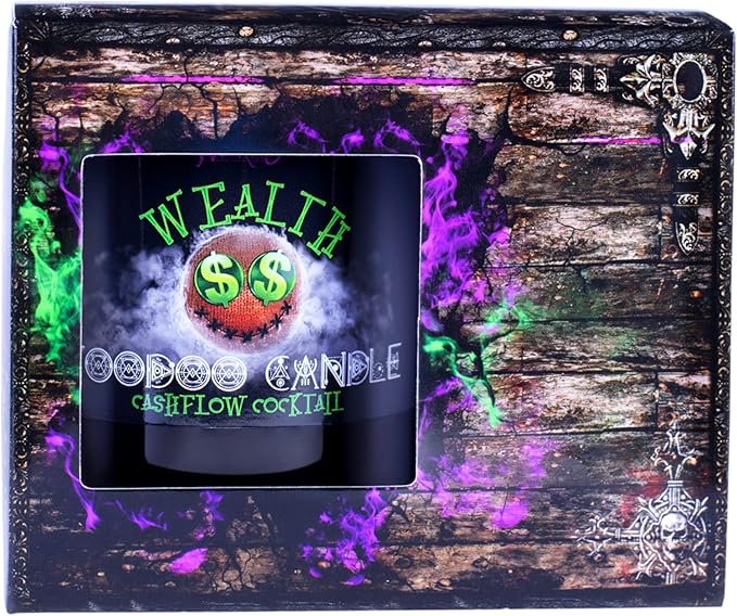 Naturally Wicked Voodoo Wealth Candle Set - Inc. Voodoo Doll, Crystal, Wood Wick, Cashflow Cocktail Scent & Gift Box