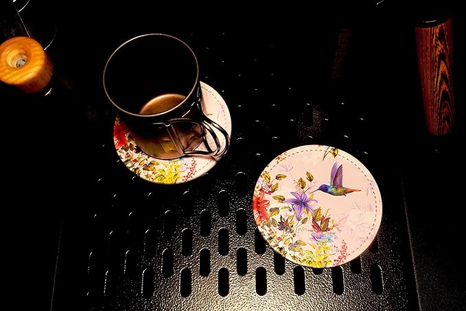 Hummingbirds Bird Flower Coasters for Drinks with Holder Leather Coasters Set of 6 Table Decor Protect Furniture from Water Marks Scratch and Damage