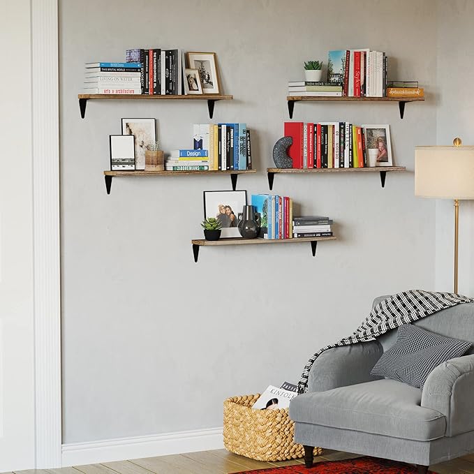 Wallniture Arras Wood Floating Shelves for Wall Storage, 24" Living Room Bookshelves, Kitchen Shelves for Bedroom & Office Burnt Finish Set of 5