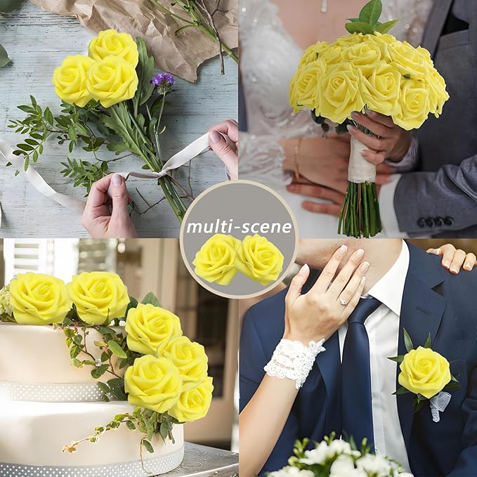 100PCS Yellow Artificial Flowers Roses Real Looking Foam Fake Roses with Leaves and for DIY Wedding Bouquets Bridal Shower Centerpieces Party Decorations (Yellow, 100)