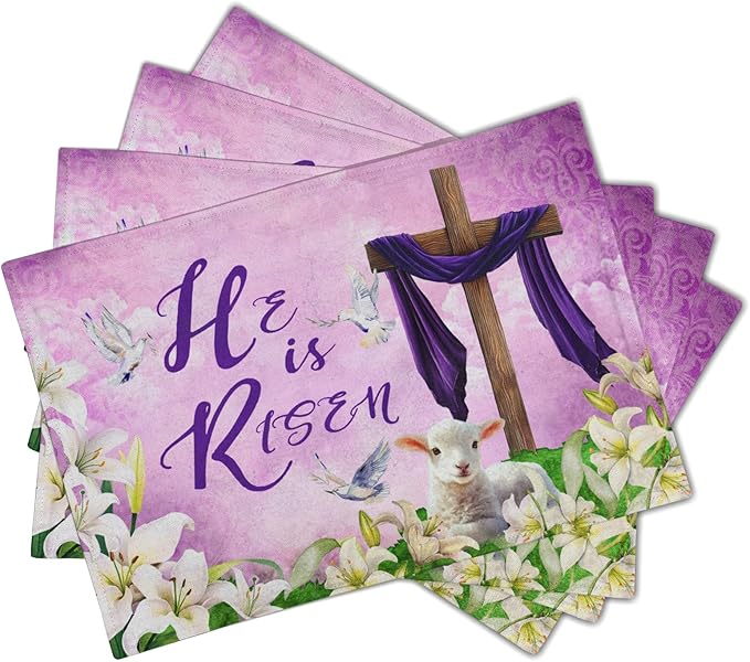 Giwawa He is Risen Placemats, Easter Cross Lamb Linen Washable Place Mat, Spring Lily Flowers Heat Resistant Table Mats for Kitchen Dining Holiday Party Decor, Set of 4, 12x18 Inch