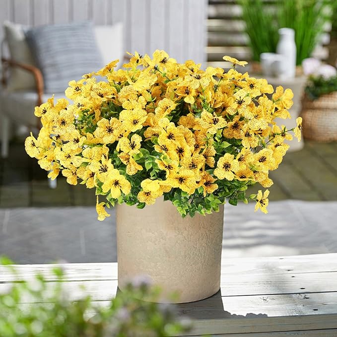 Artificial Flowers for Outdoors, 12 Bundles Artificial Plants & Flowers Outdoor, UV Resistant Faux Flowers Silk Fake Flower for Outside Porch Pot Window Garden Planter Decoration(Yellow)