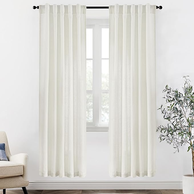 XTMYI 80 Inch Closet Curtains for Bedroom Closet Door,Linen Cotton Boho Semi Sheer Back Tab Pleated Easy Open Sliding Closet Door Curtains,80 Inches Long,2 Panels Set,Cream Ivory Off White