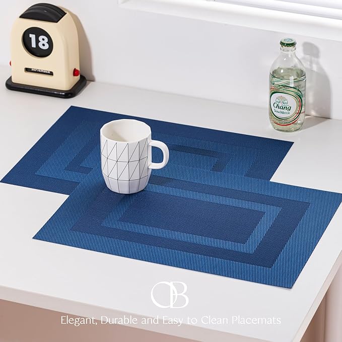 Placemats Set of 12 - Easy Clean Woven Vinyl Placemats for Dining Table, Indoor/Outdoor Place Mats, Washable PVC Table Mats(Navy Cube)