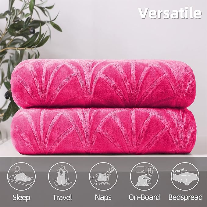 Whale Flotilla Flannel Fleece Queen Size Blanket for Bed, Soft Fluffy Velvet Bedspread Coverlet with Decorative Vintage Pattern for All Season, Warm and Lightweight, 90x90 Inch, Hot Pink