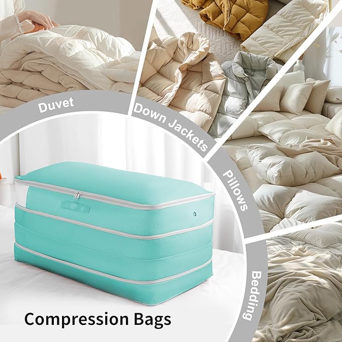 Comforter Storage Bag - Large Capacity Bedding Storage Bags Ultra Space Saving Self Compression Organizer, Washable Compression Bags for Storage Comforter Blanket Duvet Pillow, 4-Pack, Blue