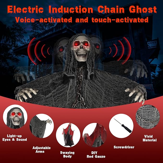 71'' Life Size Halloween Decorations, Halloween Skeleton with Light-Up Eyes & Sound Adjustable Arms Swaying Body Voice/Touch Sensing, Halloween Animatronics for Indoor/Outdoor Yard Lawn Decor, black