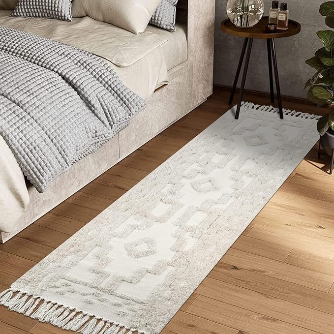 Uphome Boho Runners for Hallways 2' x 8', Washable Farmhouse Entryway Runner Rug, Cotton Tufted Bedroom Runner Rugs, Bohemian Tribal Throw Aesthetic Rug for Kitchen Doorway Bathroom Living Room, Beige