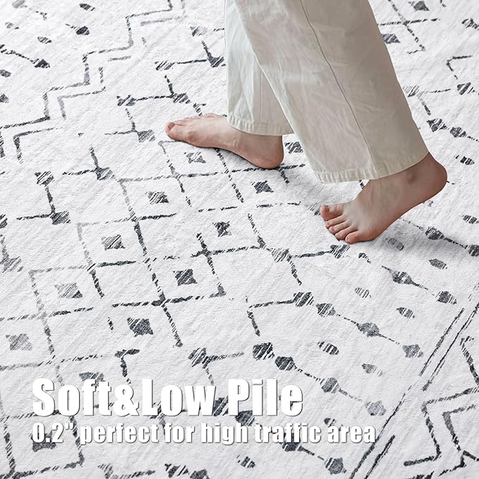 Deerly 6x9 Rug Bedroom Distressed Area Rugs, Non Slip Moroccan Boho Farmhouse Washable Rugs for Living Room Home Office Decor, Soft Low Pile Indoor Floor Carpet Area Rug, White/Dark Grey