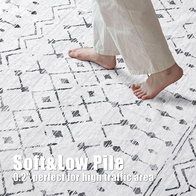 Deerly 3x5 Area Rugs Boho Moroccan Farmhouse Washable Rugs Distressed Rug with Rubber Backing, Soft Low Pile Indoor Floor Carpet Neutral Rug for Entryway Kitchen Living Room, White/Dark Grey