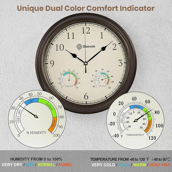 Geevon 14 Inch Retro Wall Clocks Battery Operated with Hygrometer and Thermometer Combo, Silent Wall Clock Non-Ticking Quartz Decorative for Kitchen Living Room School Bedroom