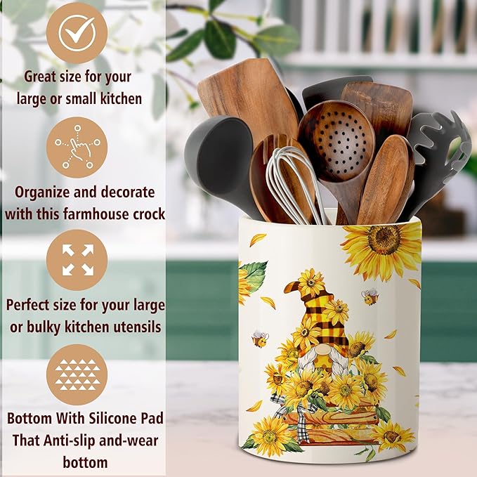 pinata Sunflower Kitchen Decor, Cute Ceramic Utensil Holder, Sunflower Kitchen Utensil Holder for Farmhouse Indoor (6.3inch)