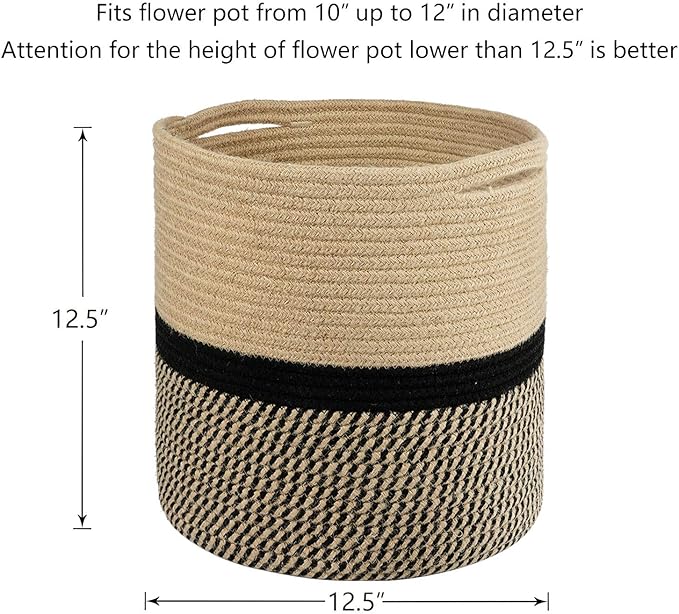 TIMEYARD Sturdy Jute Rope Plant Basket Modern Woven Basket for 11" Flower Pot Floor Indoor Planters, 12.5'' x 12.5'' Storage Organizer Baskets Rustic Home Decor, Black and Beige Stripes