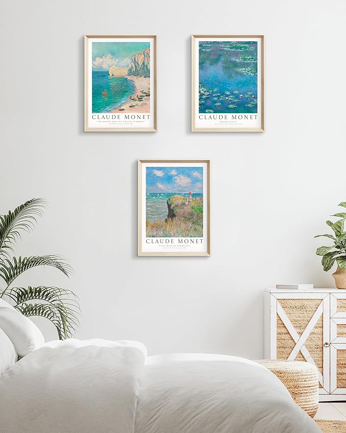 HesenDot Claude Monet Framed Wall Art,12x16in High Framed Canvas Prints, Impressionism Landscape Painting Poster Wall Decor,Vintage Home Decoration for Living Room Bedroom Gallery Office,Set of 3
